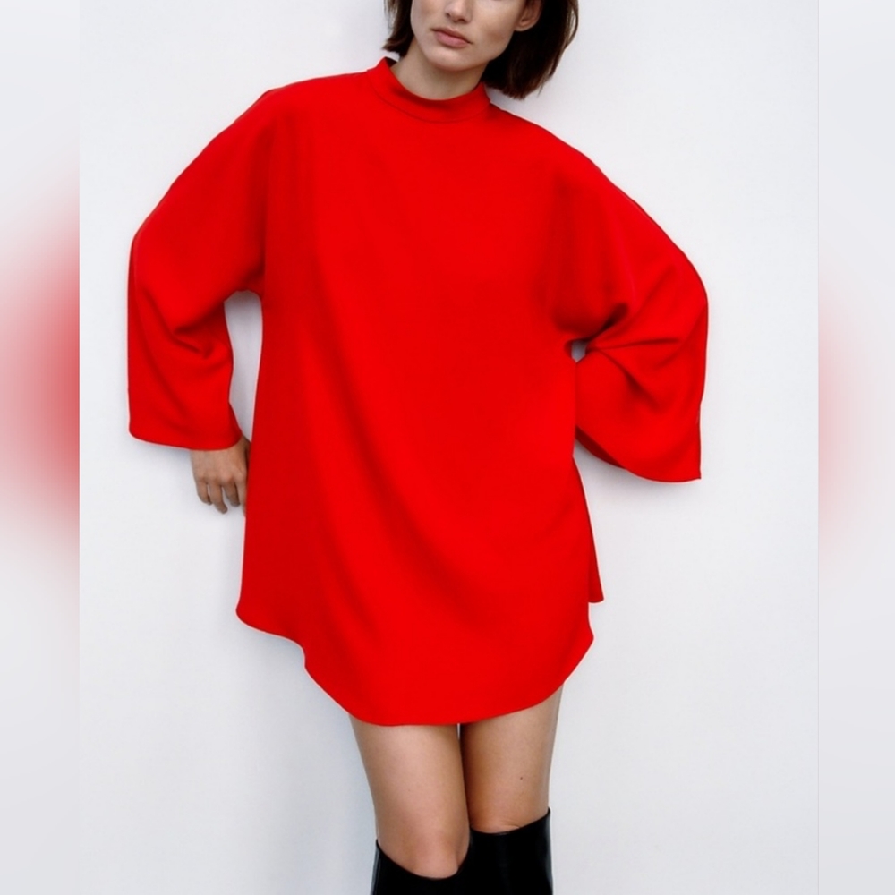 Zara Limited Edition Red Flowy Wide Sleeves High Collar Mini Dress Size XS